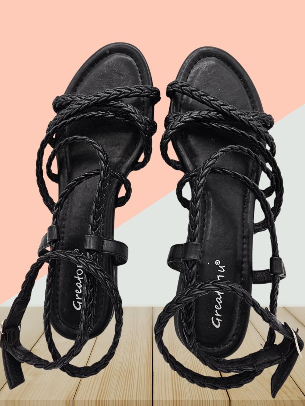 Greatonu Black Braided Gladiator Sandals Women's Size 10 Ankle Strap